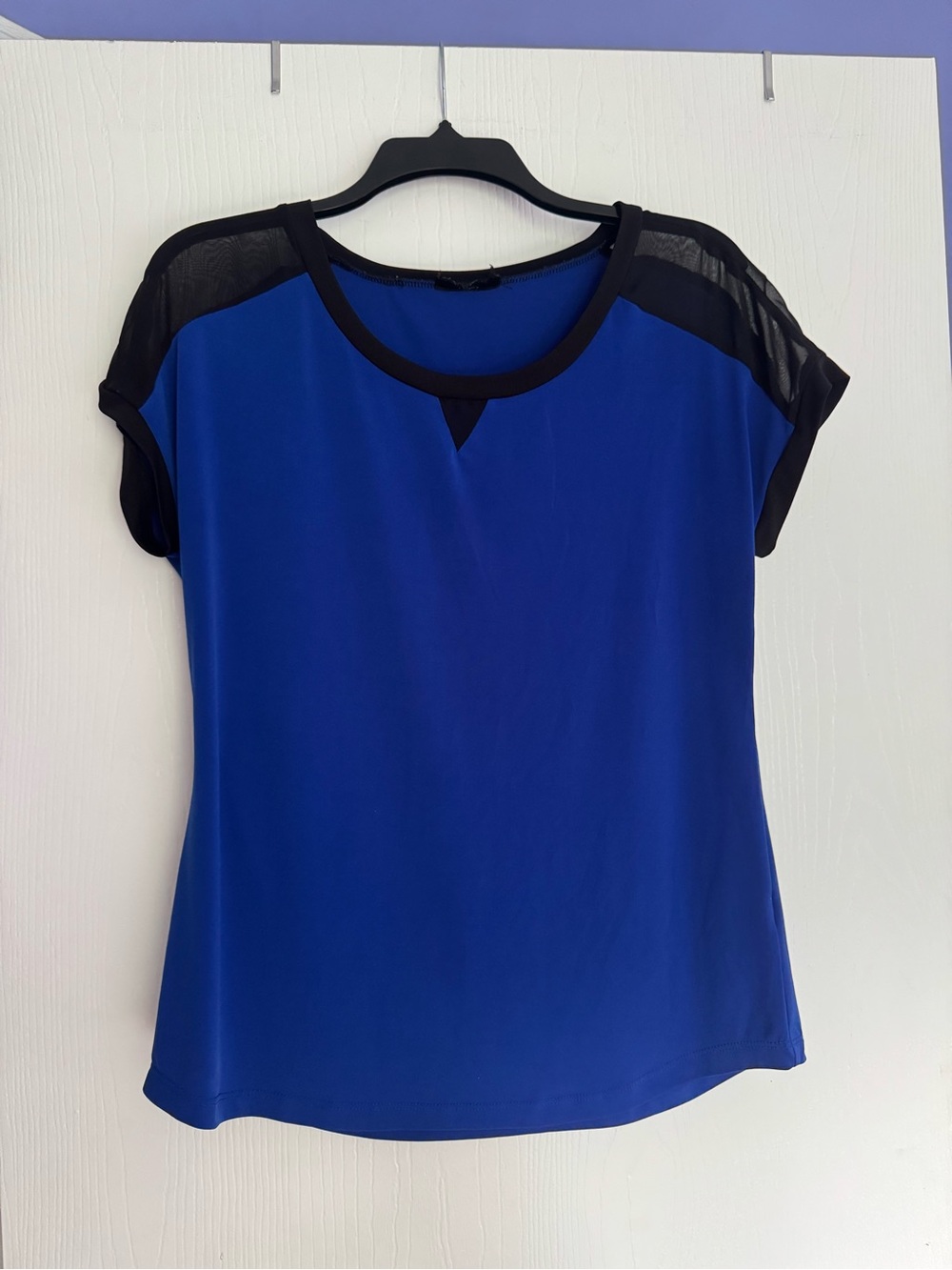 Women's Blue Sheer Shoulder Short Sleeve Top